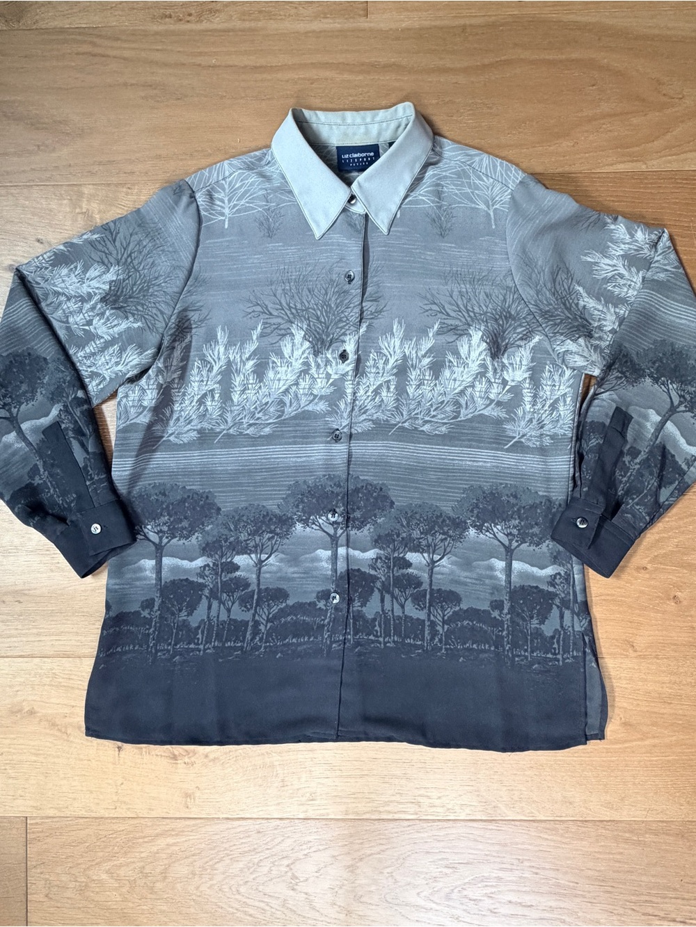 VTG 90s Liz Claiborne Blouse Landscape Print Forest Grey Trees Petite M Lizsport